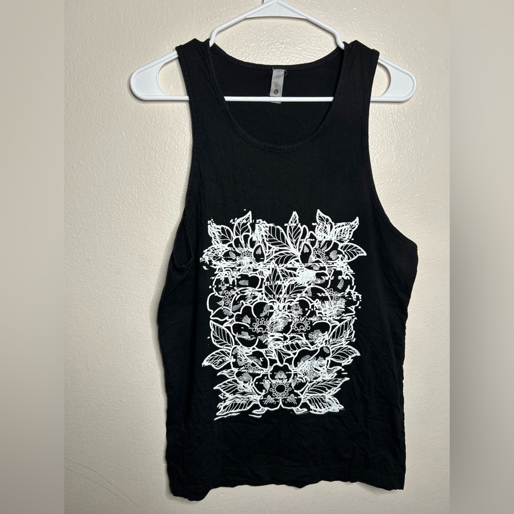 Next Level Apparel Black Tank Top with white Floral design Sz: S